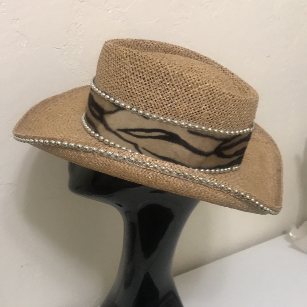 Straw Ladies Cowboy Hat Tan, Leopard Print